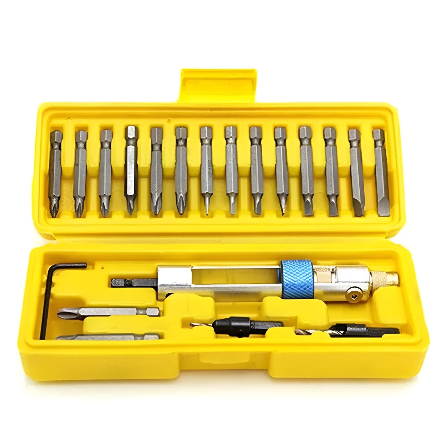 Half Time Drill Driver adapter set with swivel head, shown with Phillips, flathead, and countersink bits on a workbench.