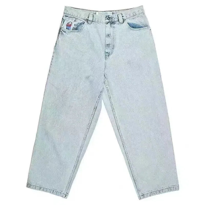 Men's retro patterned straight-leg trousers in dark blue, black, and light blue colour options