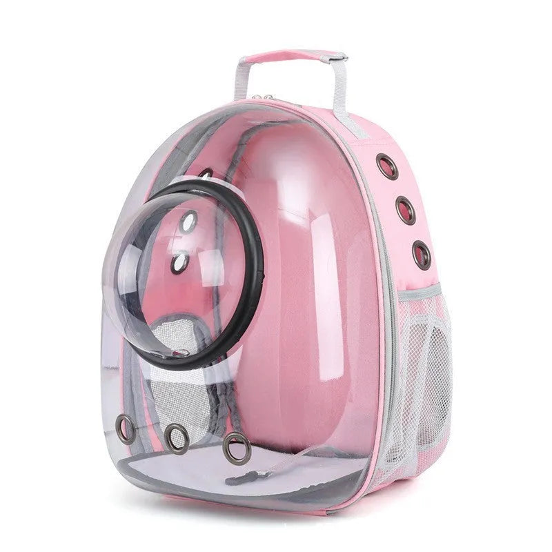 Grey PC plastic side opening pet carrier backpack for cats on a white background.