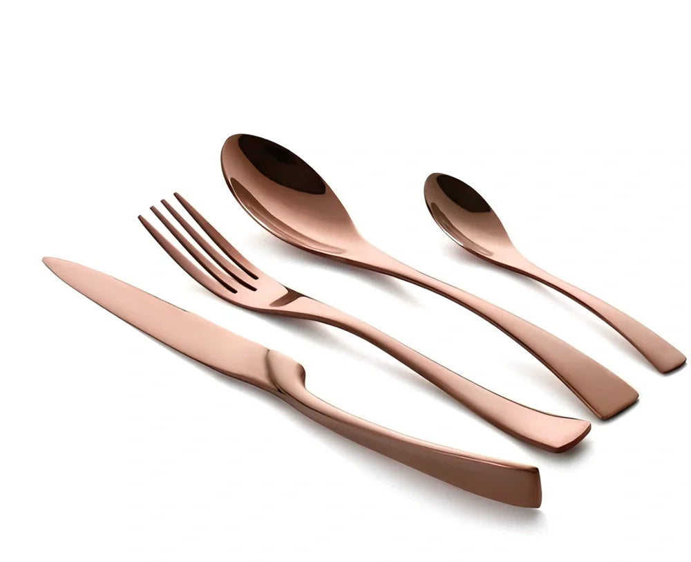Black stainless steel cutlery set with mirror polish finish showing fork, knife, coffee spoon, soup spoon, steak knife