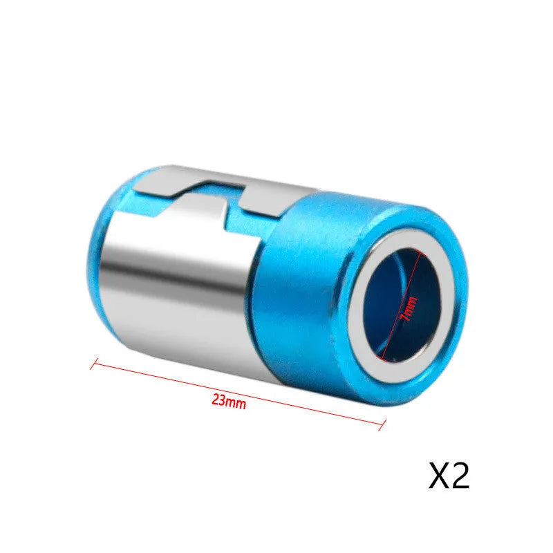 Light blue magnetic screwdriver bit with slotted head and magnetic ring for metric screws