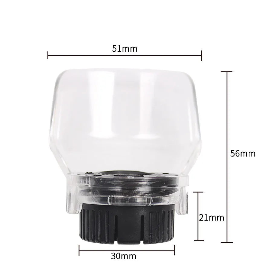 Transparent plastic safety horn cover for Delta angle grinder, showing clear shield and threaded port.