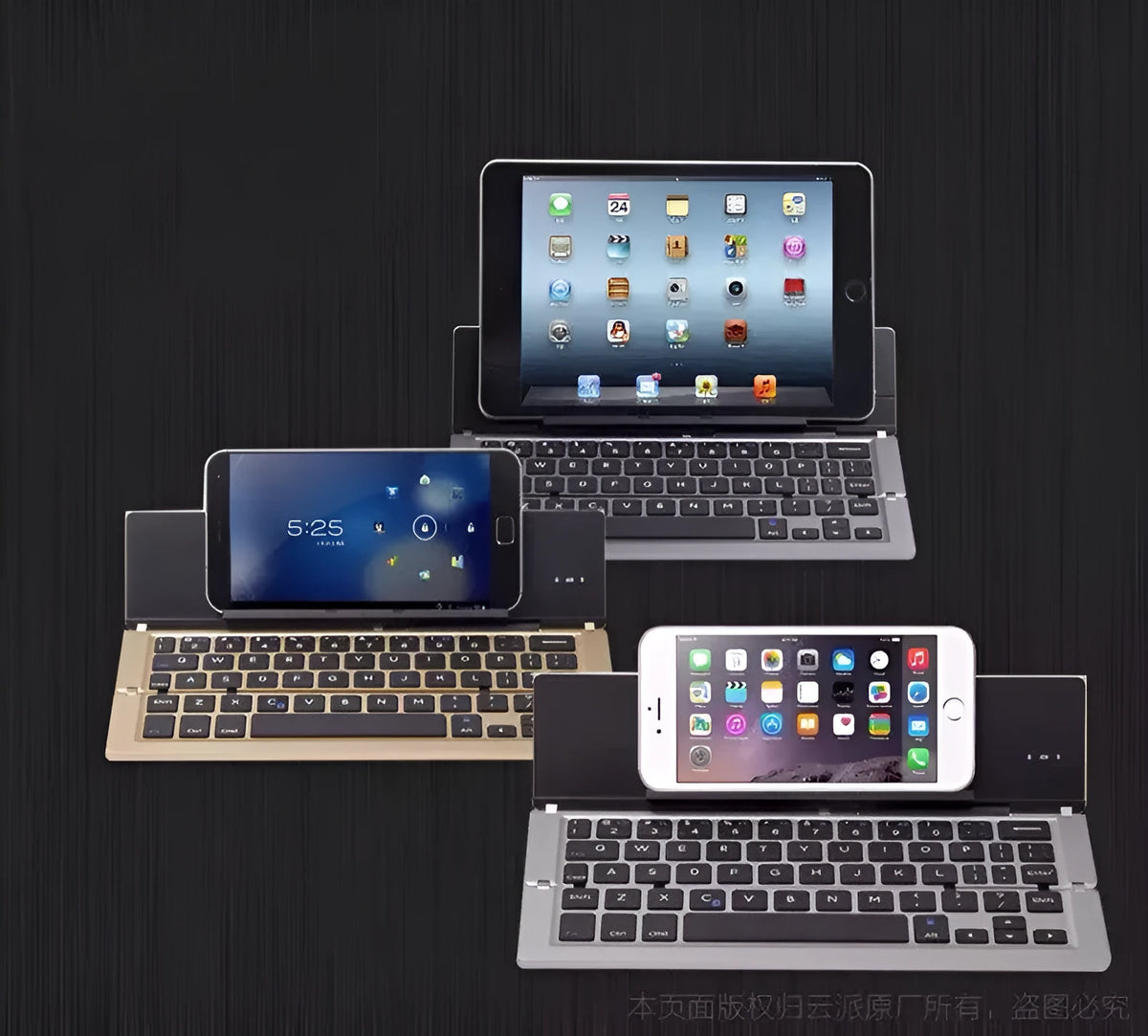 Foldable aluminium wireless Bluetooth keyboard for smartphones and tablets, available in Gold, Rose Red, Silver, and Space Grey.