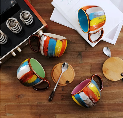 Handmade ceramic mug with lid and spoon in blue, green, yellow, or pink colours