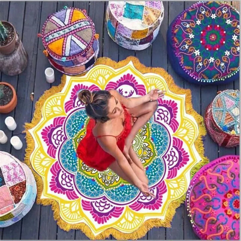 Round floor mat with polygon print and tassel trim, shown in available colours.