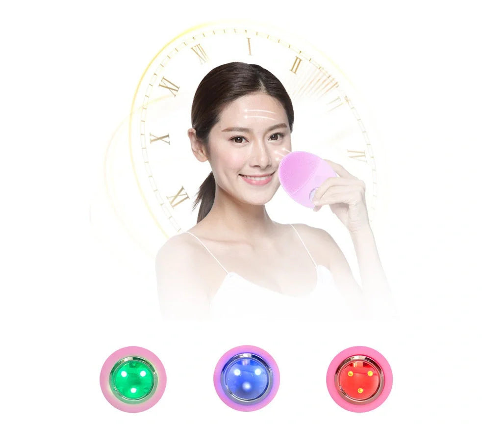 Electric Silicone Face Washer with adjustable vibration and LED skin therapy lights
