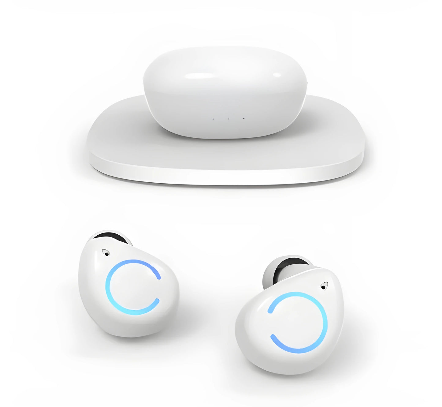 Black and white M18 true wireless in-ear headphones with a small rectangular charging case.