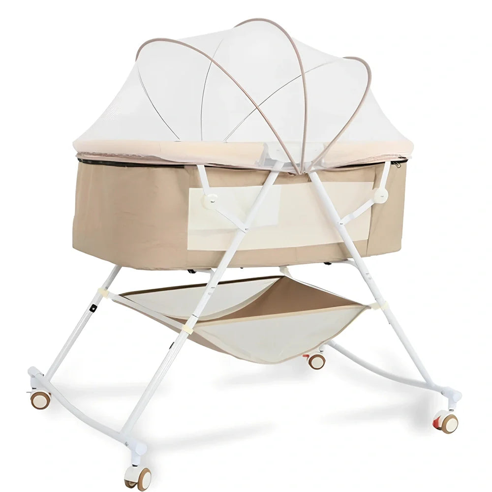 Foldable baby crib with mosquito net and roller wheels in European design