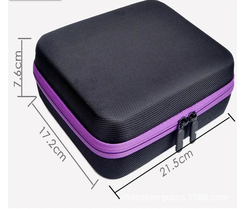 Red cube-shaped EVA essential oil storage bag with 30 compartments, shown mounted on a wall.