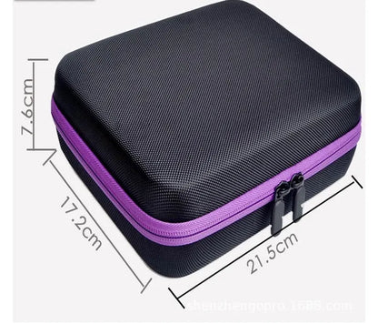Red cube-shaped EVA essential oil storage bag with 30 compartments, shown mounted on a wall.