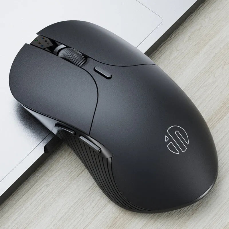 Black wireless voice mouse with six buttons showing dimensions of 123x35x65.5mm
