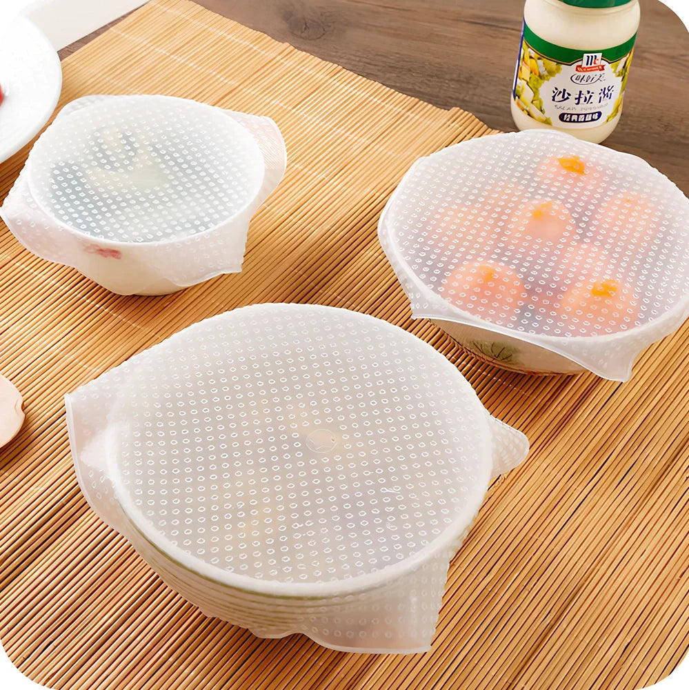 Food grade silicone stretch cling film covering bowl showing stretch capability and seal
