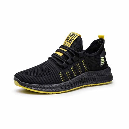 Men's black casual sports shoes with cross-strap detail and a Flying Weave upper, shown on a white background.