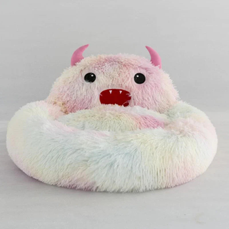 Round cat bed with soft plush and cartoon animal embroidery, available in multiple colors and sizes