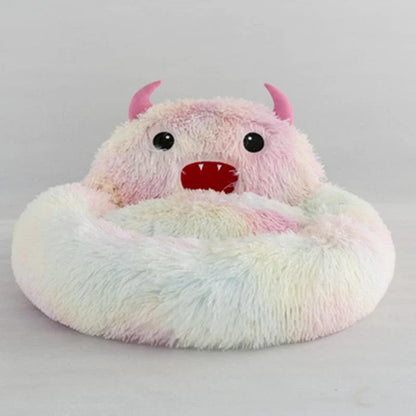 Round cat bed with soft plush and cartoon animal embroidery, available in multiple colors and sizes