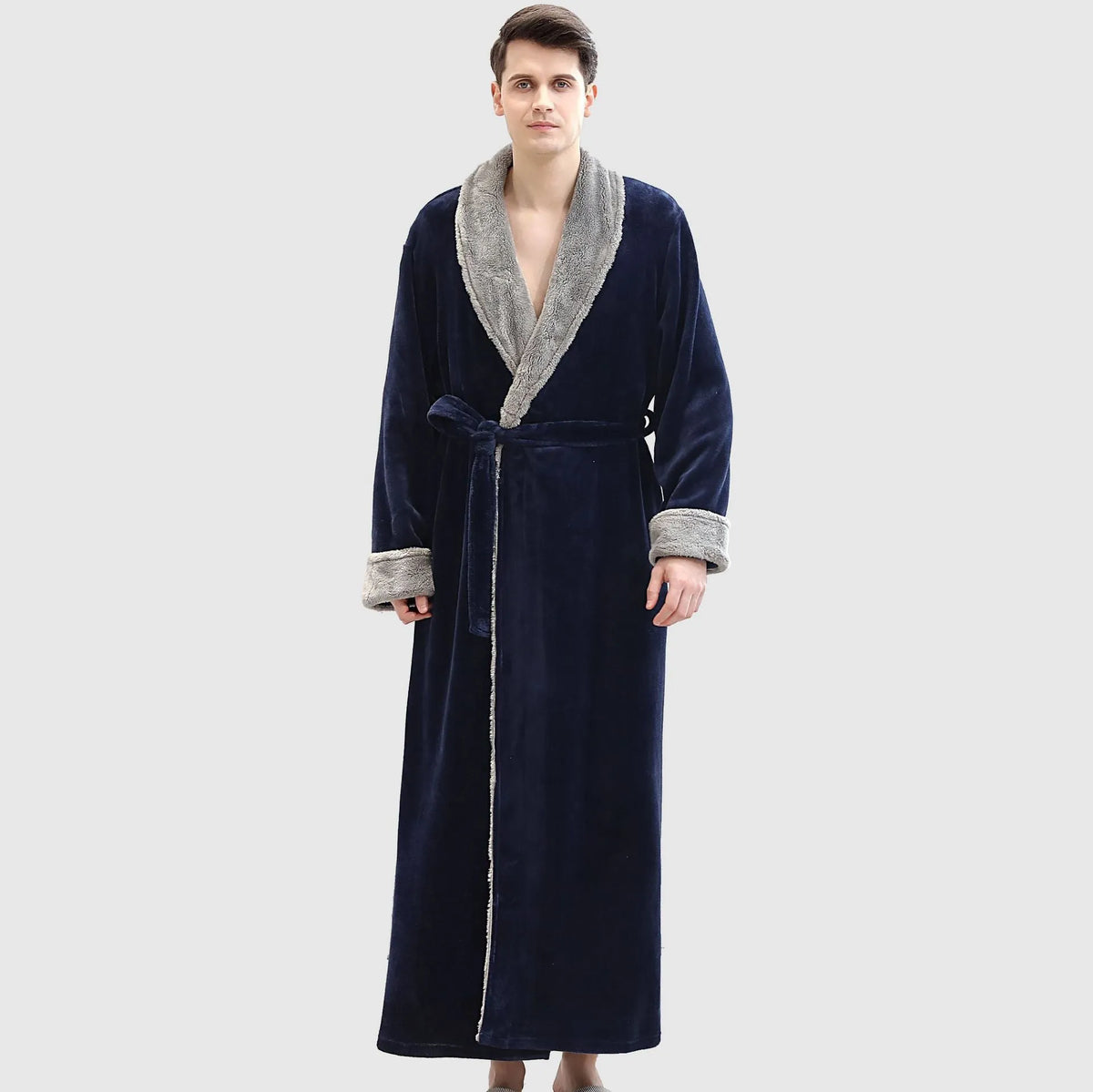Men's winter long bathrobe in coral fleece, sleeveless no-collar, light grey navy blue brown, sizes M L XL.