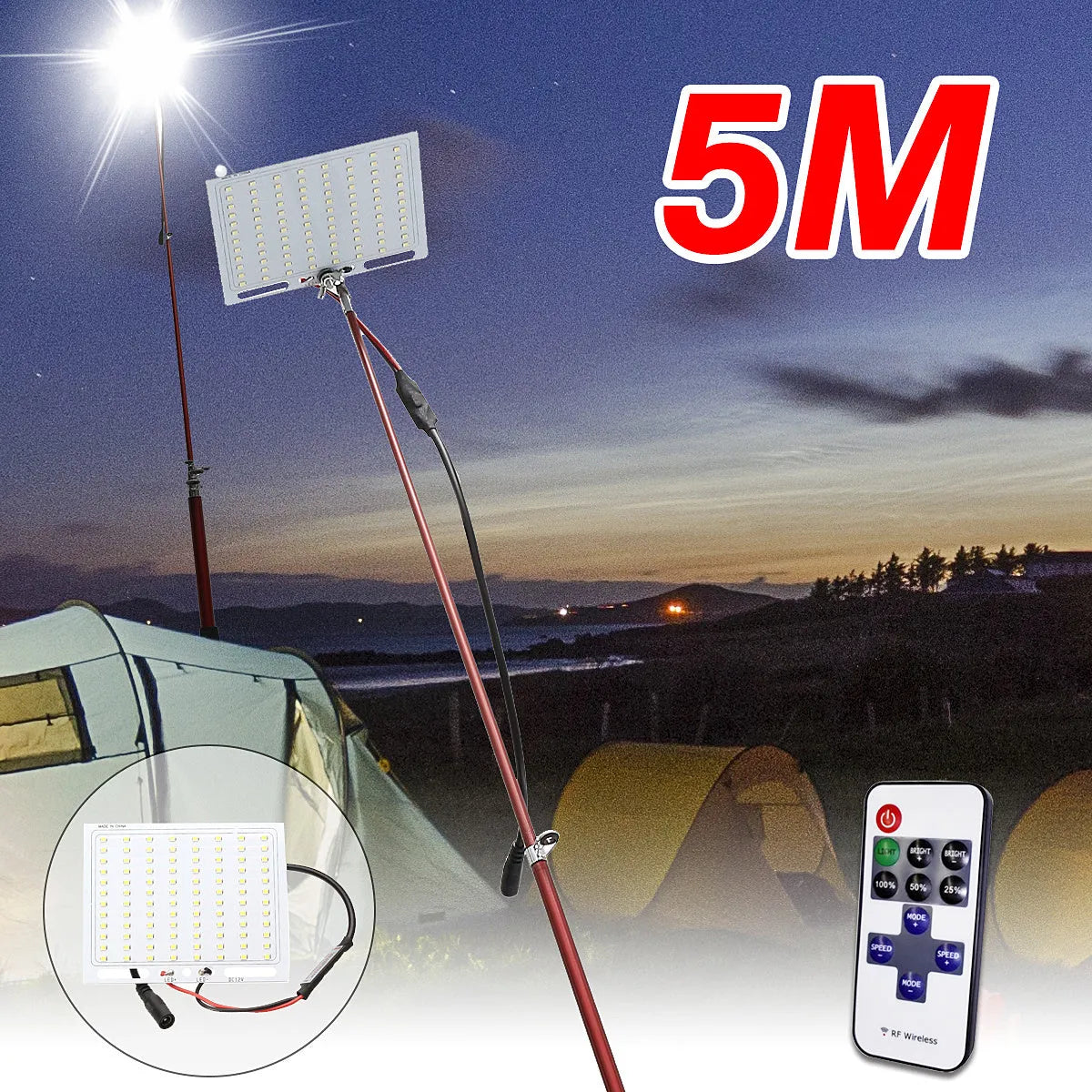 White LED fishing rod light unit with remote control, mounted on a rod for night fishing illumination.