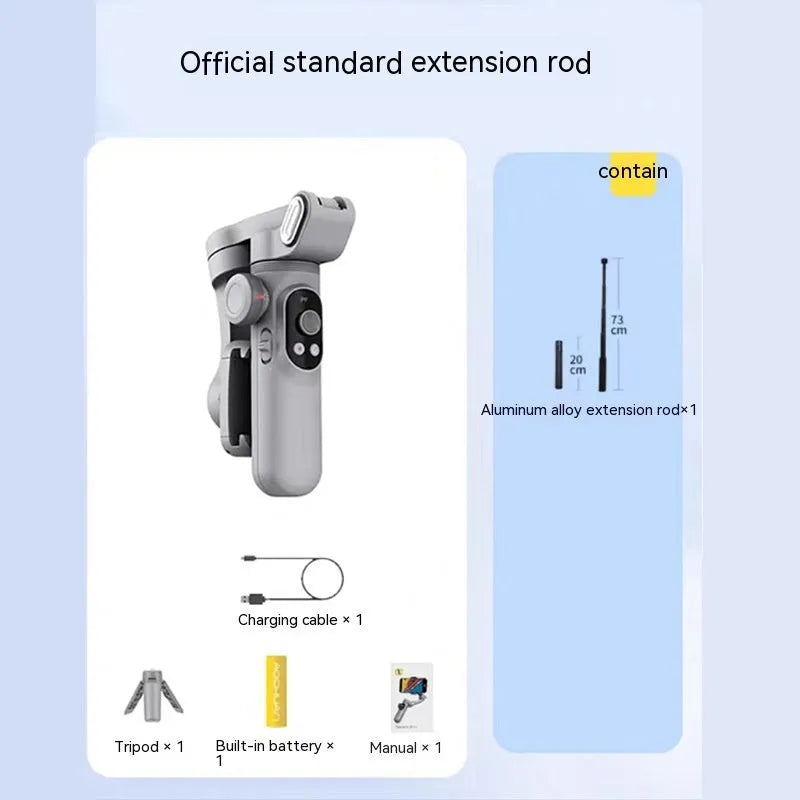 Silver grey Pro Mobile PTZ three-axis smartphone camera stabiliser gimbal with extended arm.