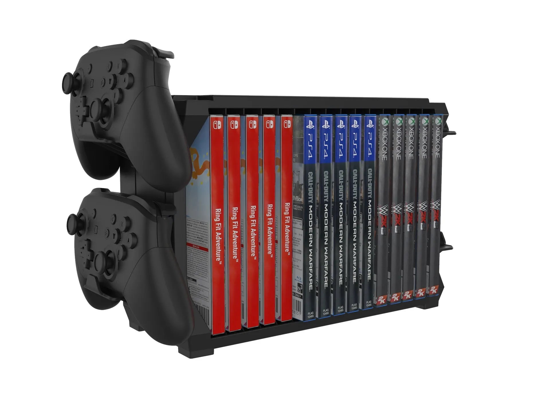 Black ABS PS5 disc holder with game slots and four controller storage compartments
