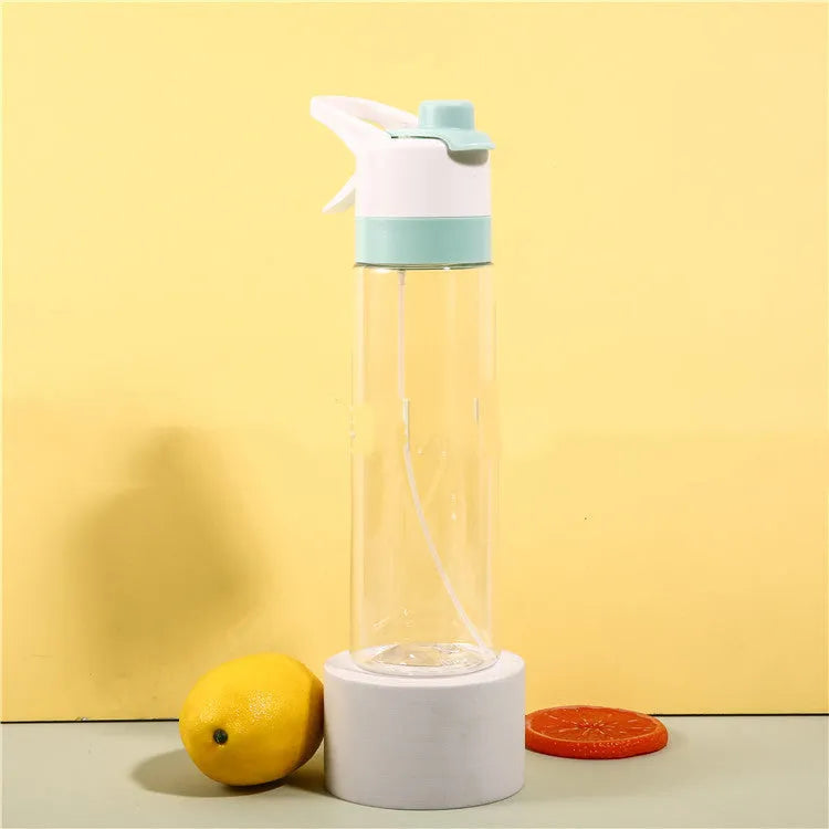 White spray water bottle with black leakproof lid and handle strap on a table