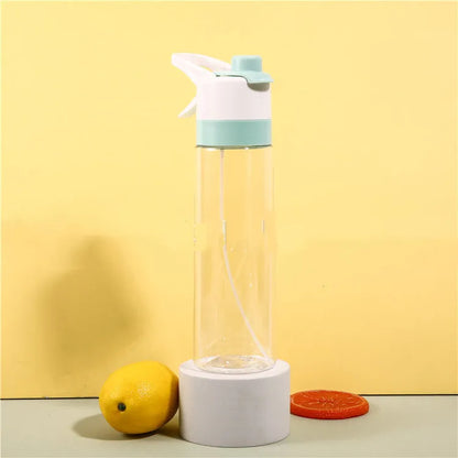 White spray water bottle with black leakproof lid and handle strap on a table