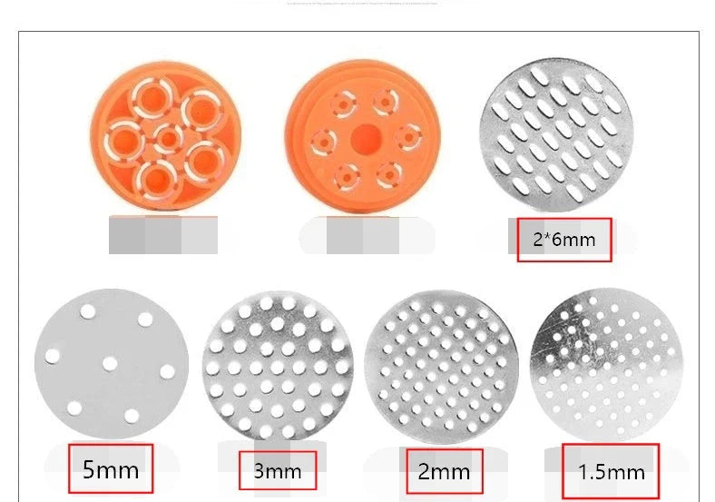 Compact stainless steel pasta maker with seven noodle moulds for making a variety of fresh homemade pasta shapes