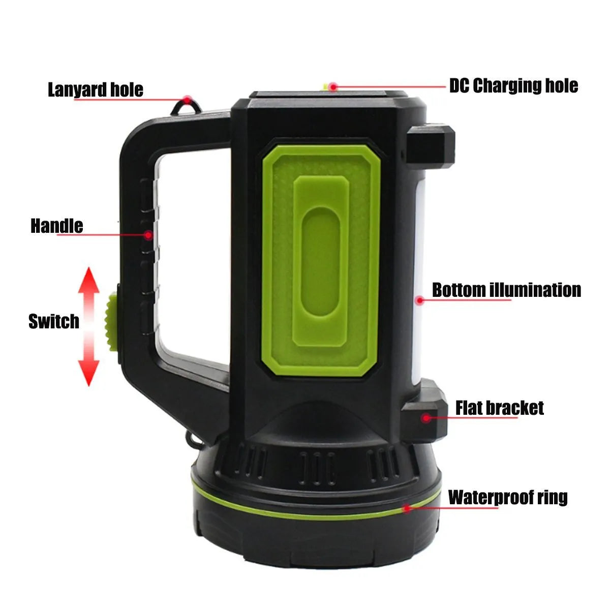 Green rechargeable super bright LED flashlight with USB port on a table