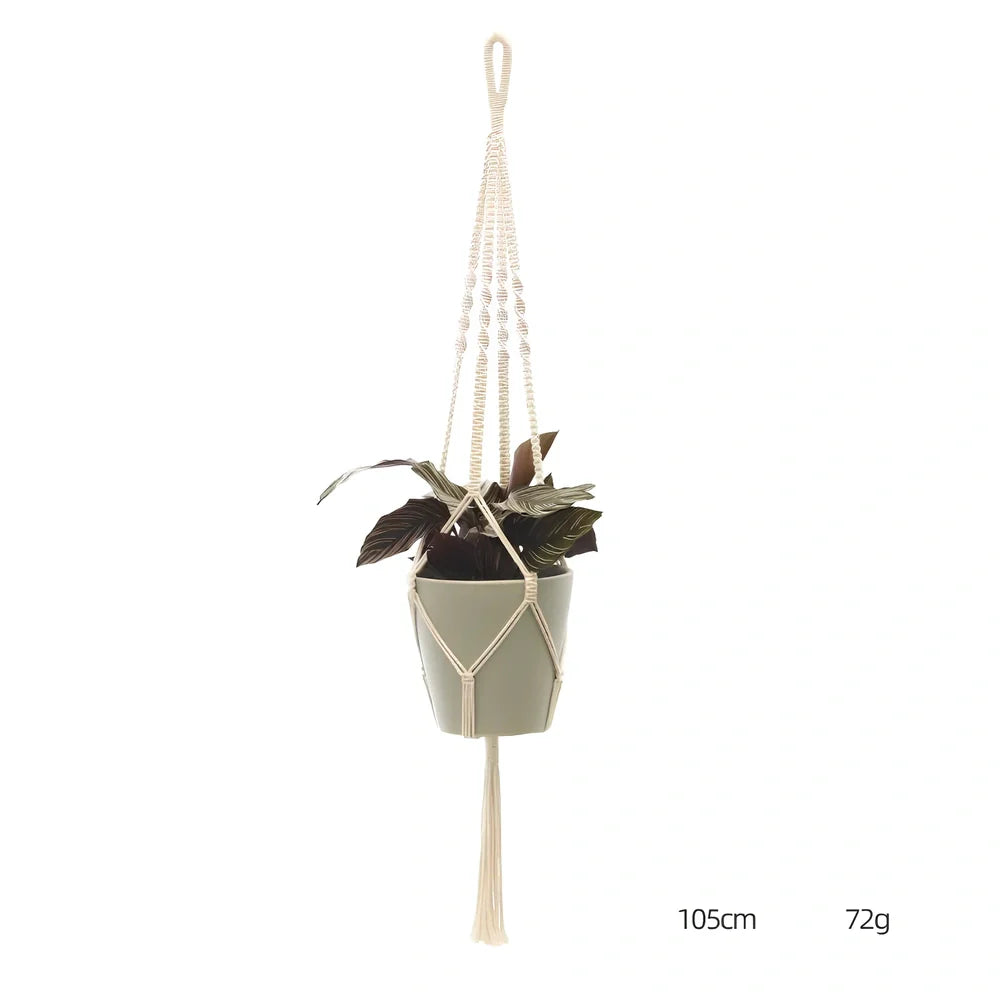 Hand-knitted cotton flowerpot net bag showing intricate pattern and hanging installation with plant