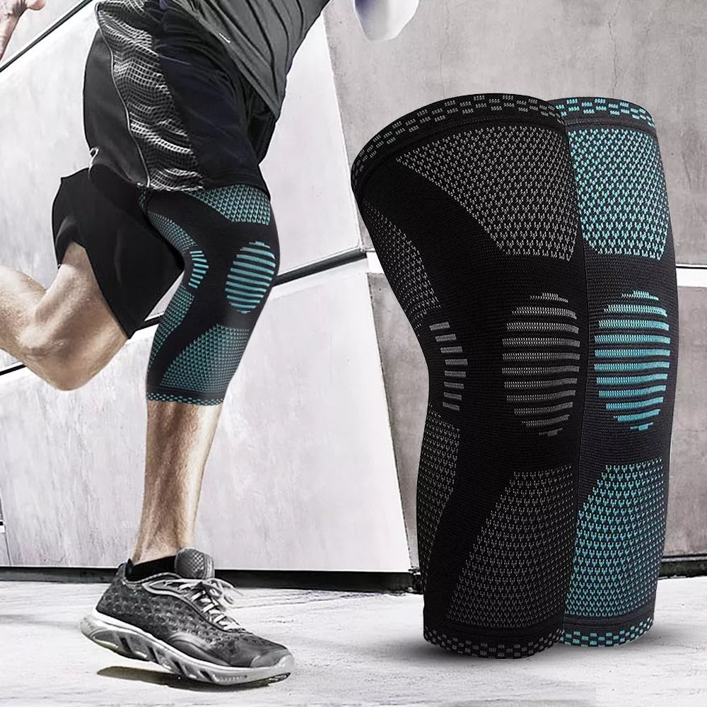 Knitted sports knee pads in green and black, sizes S to XL, for football, basketball, and more