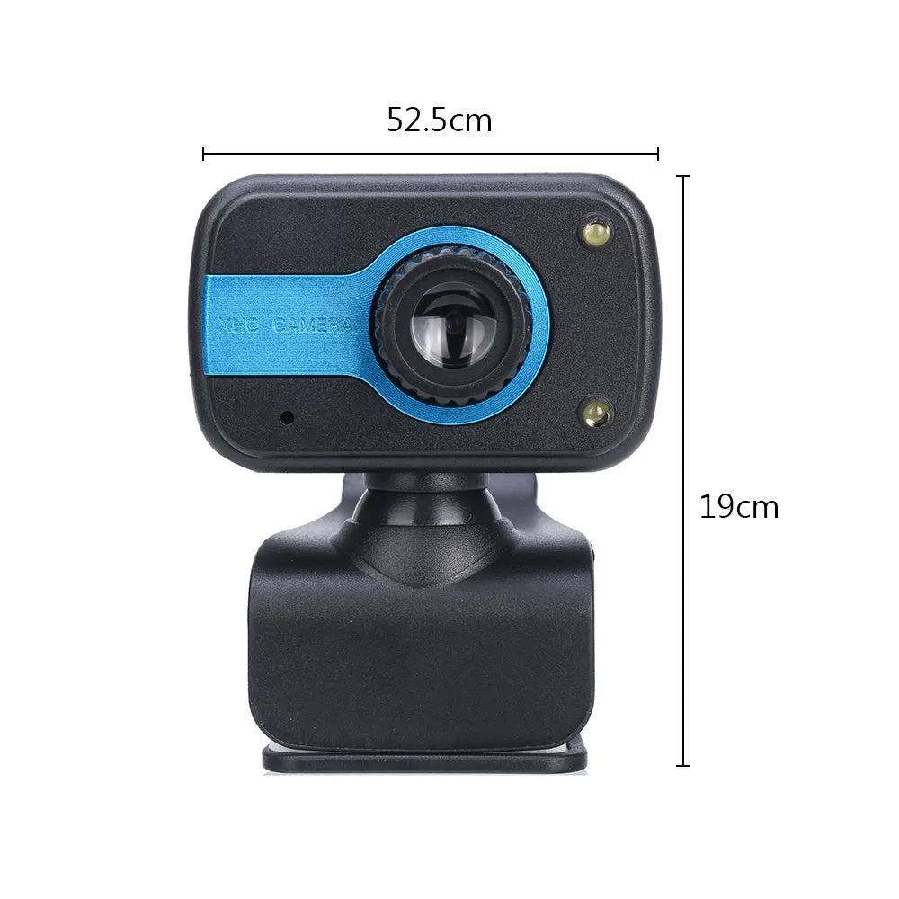 Blue mini USB webcam with a 1.45m cable showing its 360-degree rotating head on a laptop.