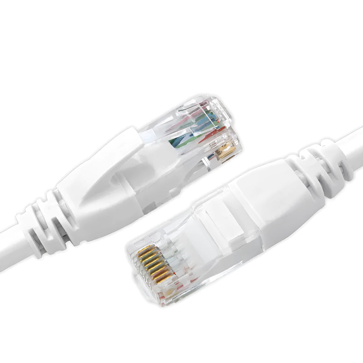 White Cat6 network cable with RJ-45 connectors and CCA conductors, available in lengths from 1M to 50M