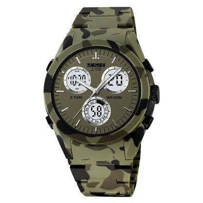 Electronic casual watch with resin mirror and TPU strap showing camouflage pattern, 50m water resistant