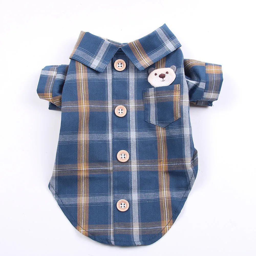 Soft cotton pet shirt with two feet design in blue, red, or rice brown, sizes XS to XL