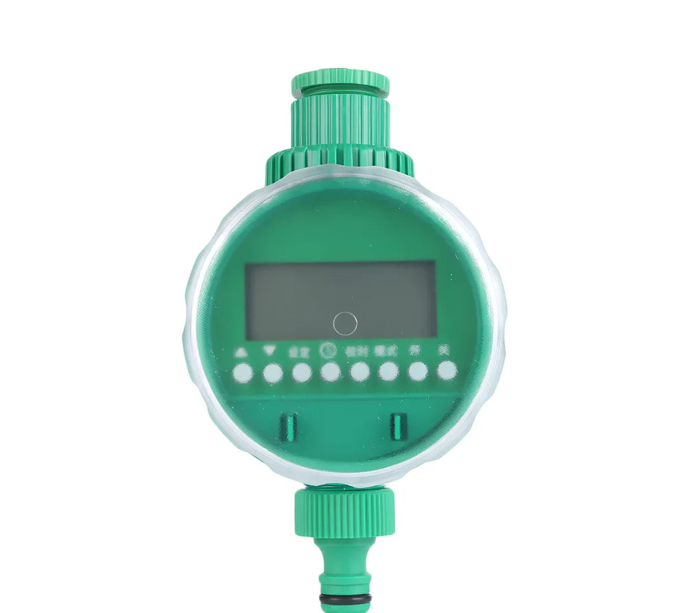 Green home garden solenoid valve controller with LCD display showing irrigation programming