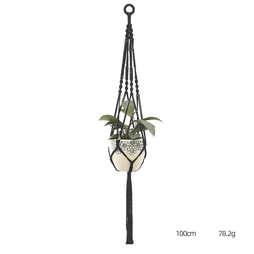 Hand-knitted cotton flowerpot net bag showing intricate pattern and hanging installation with plant