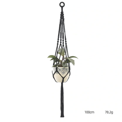 Hand-knitted cotton flowerpot net bag showing intricate pattern and hanging installation with plant