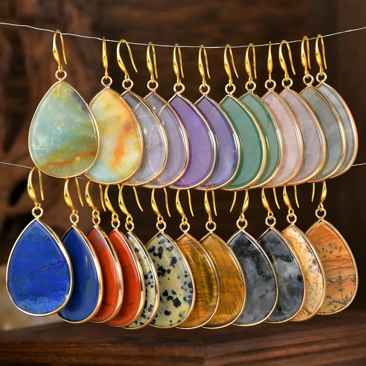 Women's retro-style drop earrings with a natural stone pendant in a water drop shape on an electroplated setting.