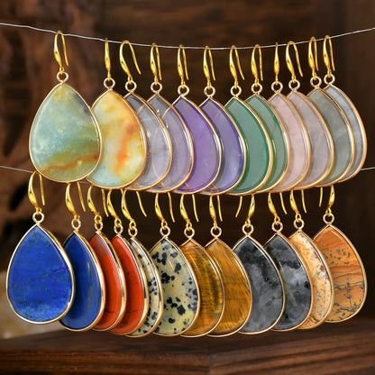 Women's retro-style drop earrings with a natural stone pendant in a water drop shape on an electroplated setting.