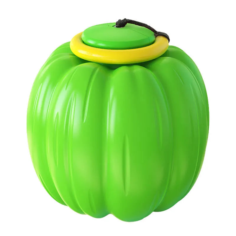 Green, orange, and yellow pumpkin-shaped plastic dog ball with squeaker for small dogs.