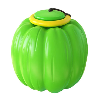 Green, orange, and yellow pumpkin-shaped plastic dog ball with squeaker for small dogs.