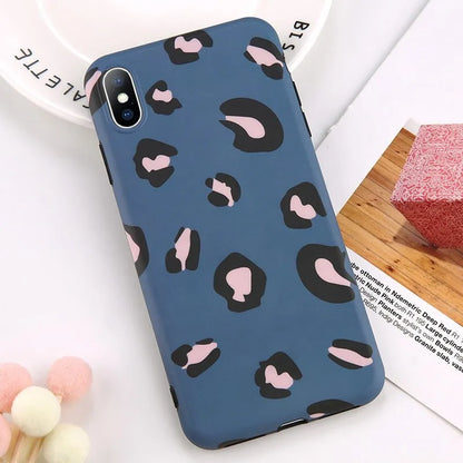 Leopard print protective phone case for iPhone, shown in black, blue, and pink colour options.