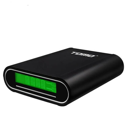 Black DIY mobile power box for 18650 batteries with LCD screen and dual USB ports