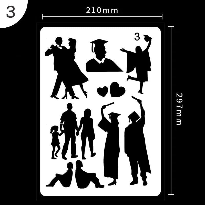 White plastic drawing stencil set with geometric cut-out patterns including hearts and stars