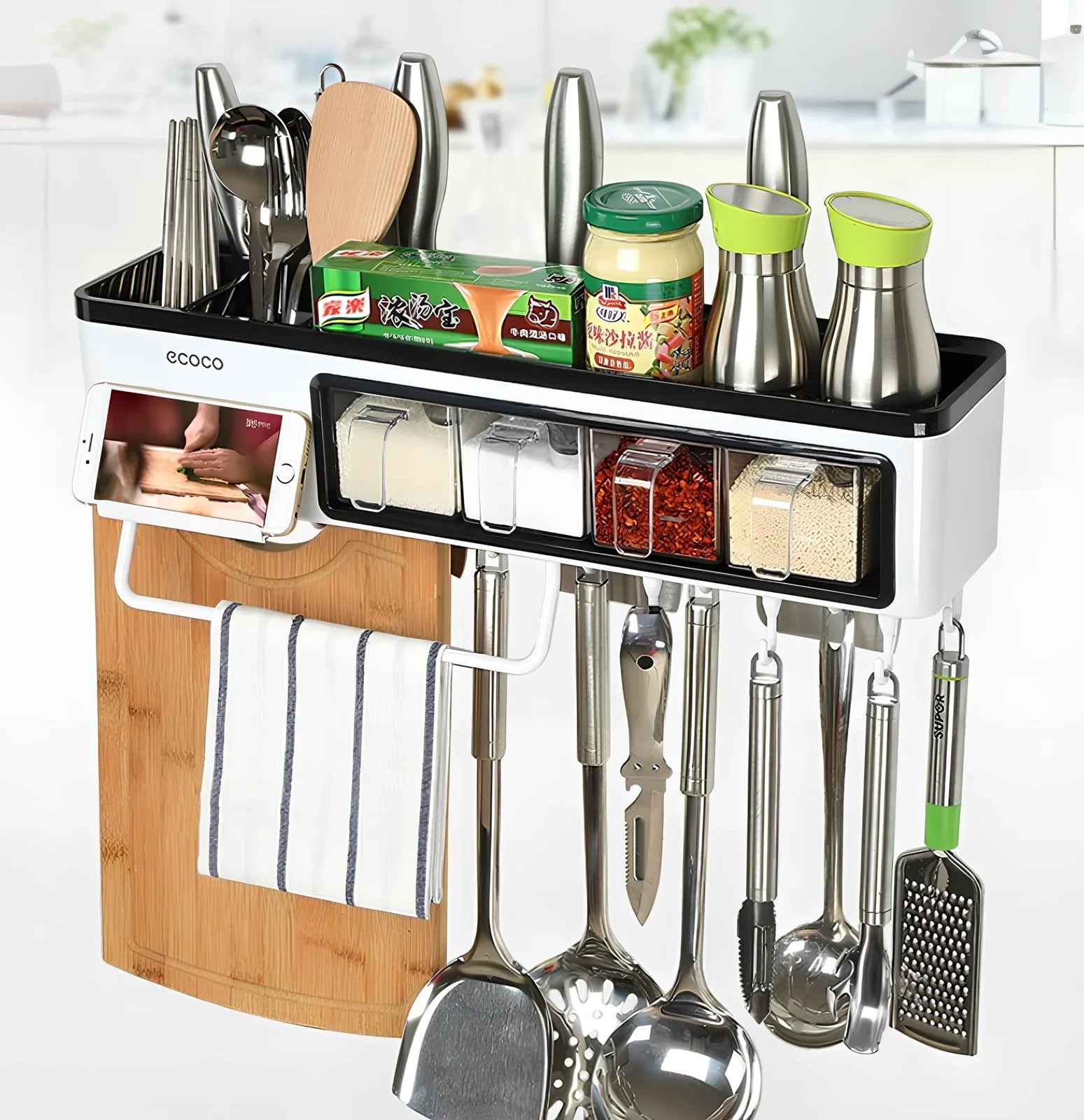 White plastic wall-mounted kitchen storage rack weighing 1500g for utensils and seasonings in corners