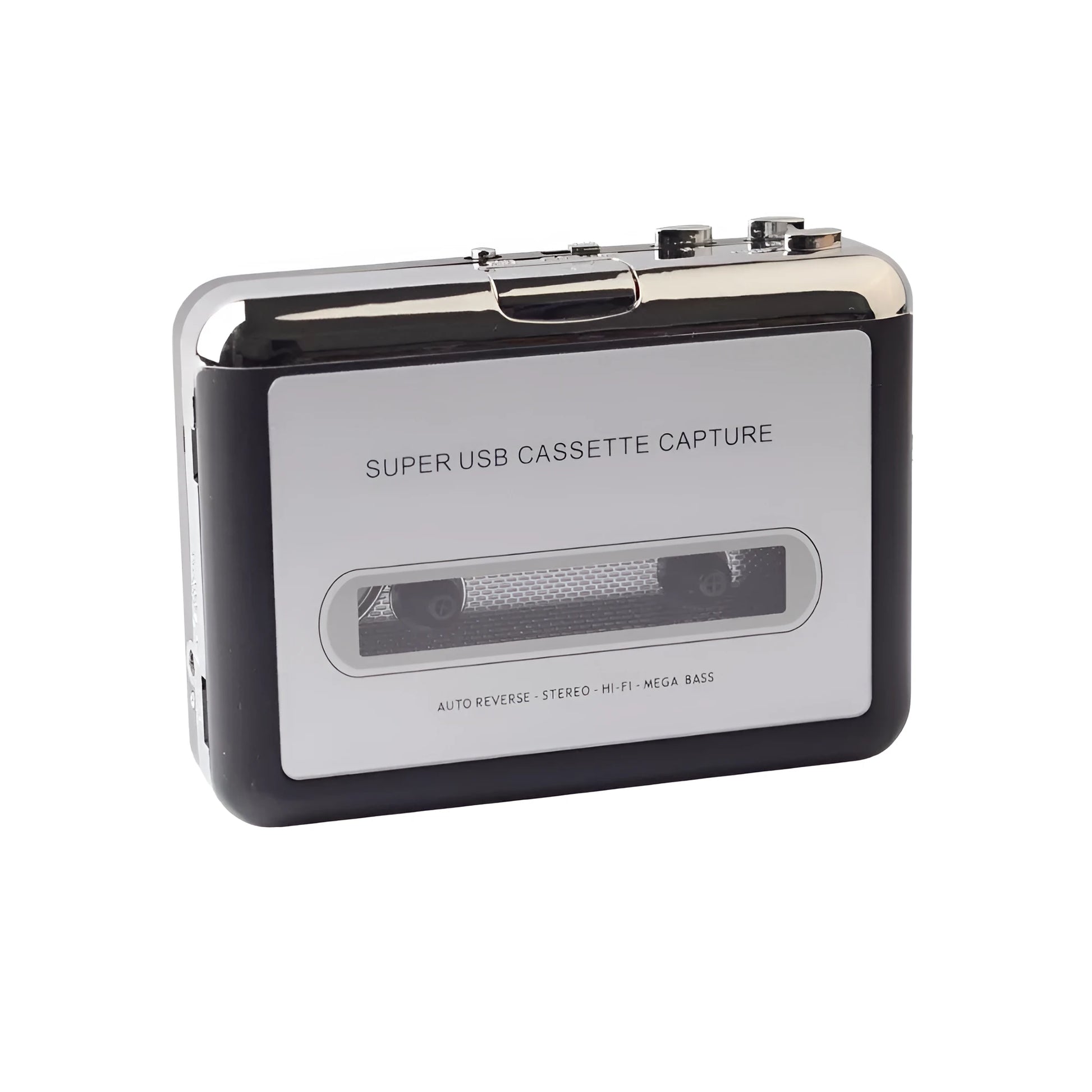 Cassette to MP3 converter unit with USB cable on a desk next to a cassette tape