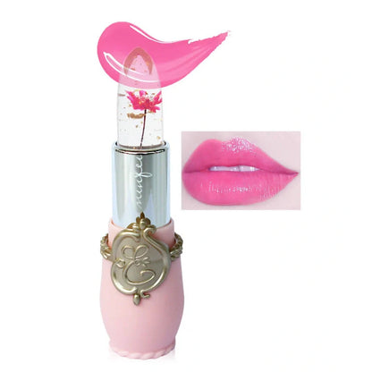Six Flower Crystal Jelly Magic Lipgloss tubes in Green, Pink, Purple, Red, Rose, and Yellow colours showing high-shine finish