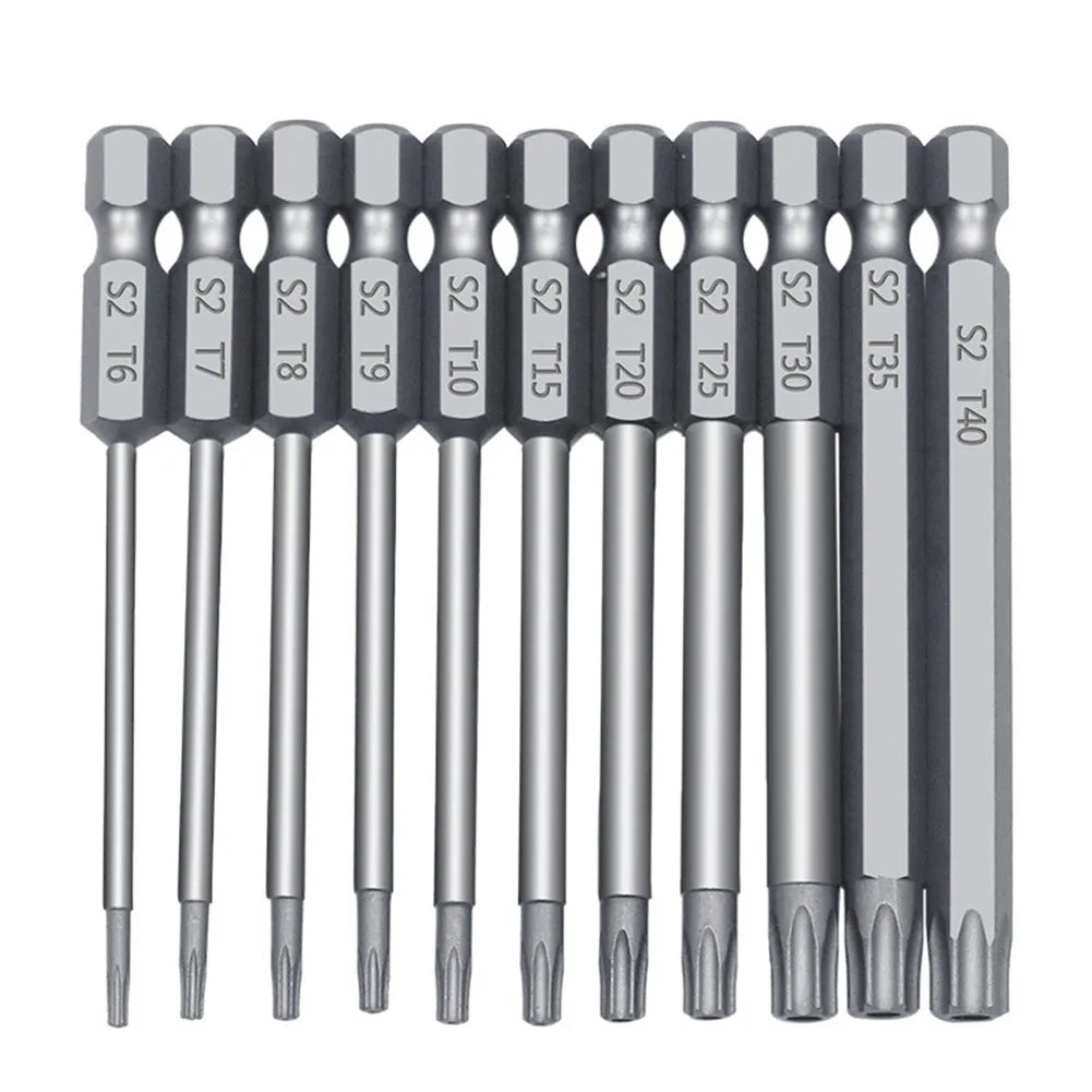 Hexagon handle alloy screwdriver bit set showing 50mm, 75mm, and 100mm lengths for Type 0 plum blossom hollow screws.