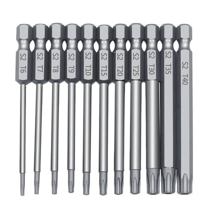 Hexagon handle alloy screwdriver bit set showing 50mm, 75mm, and 100mm lengths for Type 0 plum blossom hollow screws.