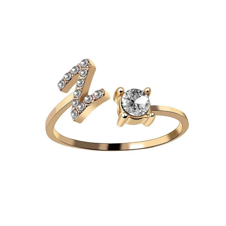 Personalized Initial Letter Crystal Ring with Adjustable Design in Gold, Silver, and Rose Gold Colors