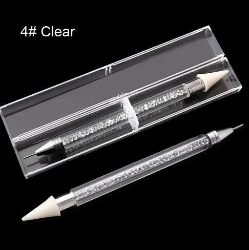 Dual-ended nail dotting pen with wax tip and metal picker for diamond painting and rhinestone placement